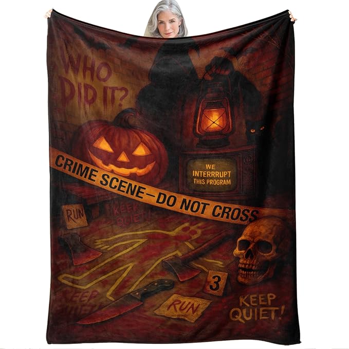 Halloween Crime Scene Blanket 60"x50" - Spooky Throw Blanket, Mystery Halloween Decor, Cozy Vintage Flannel Blanket, Scary Bedding for Parties, Unique Gift for Mystery Lovers