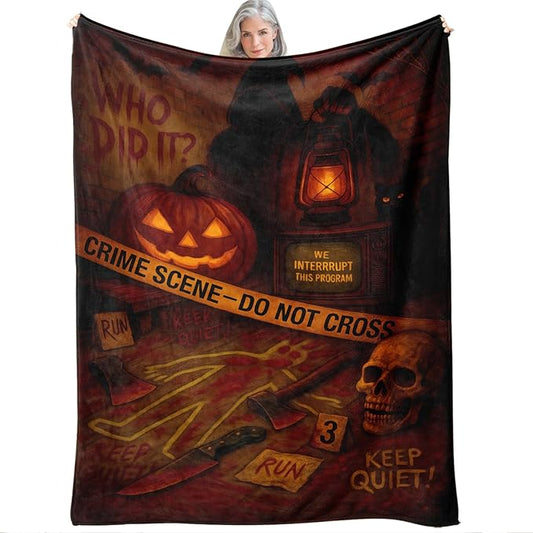 Halloween Crime Scene Blanket 60"x50" - Spooky Throw Blanket, Mystery Halloween Decor, Cozy Vintage Flannel Blanket, Scary Bedding for Parties, Unique Gift for Mystery Lovers
