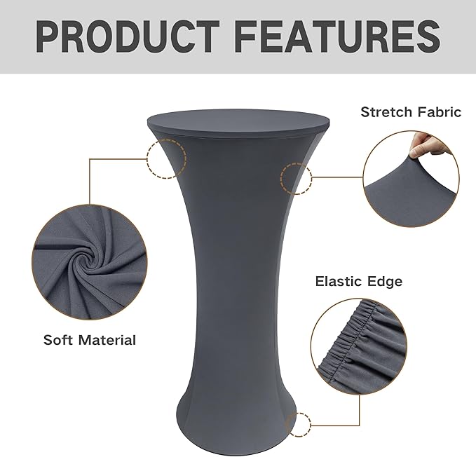 5PCS 24x43 Inch Round Fitted Cocktail Table Cover Grey Spandex Cocktail Table Cloth Highboy Fitted Tablecloth High Top Table Cloths for Party Pub Banquet Bistro