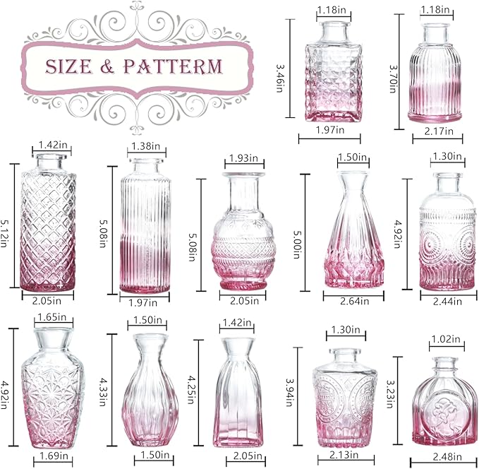 Bud Vases Set of 12,Glass Bud Vases in Bulk,Small Flower Vases for Centerpieces,Mini Vintage Vase for Wedding, Home Table Decor,Christmas,Party Decoration,Pink