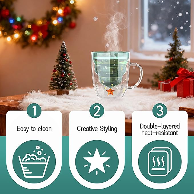 2 Pack of Christmas Mugs with Lid, Double Walled Glass Coffee Mugs, 10 ounces(300ml) Cute Mug is Suitable for Christmas Gifts for Men, Women and Children