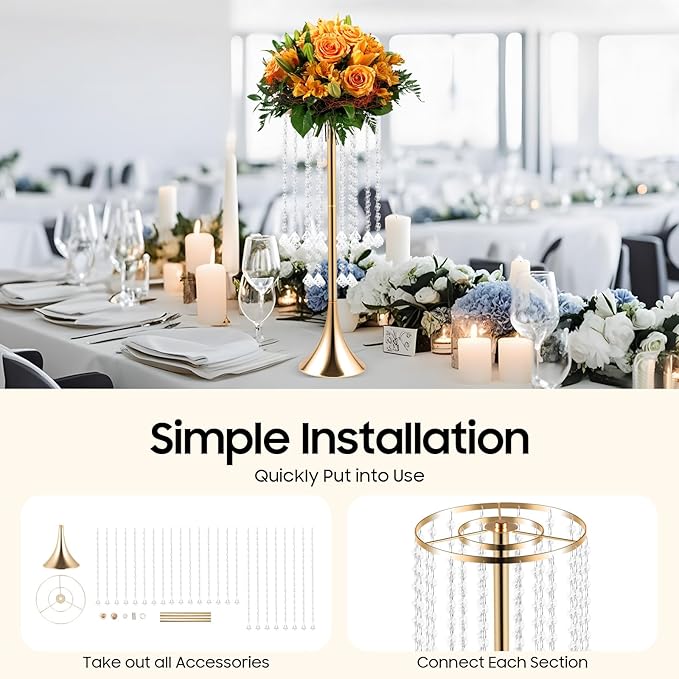 Wedding Centerpieces Gold Vases,10PCS Metal Flower Candle Holder with Sparkling Crystal Beads,Crystal Flower Vase Metal Flowers Stand for Party Tables Decorations (Gold 10PCS Height 21.9in)