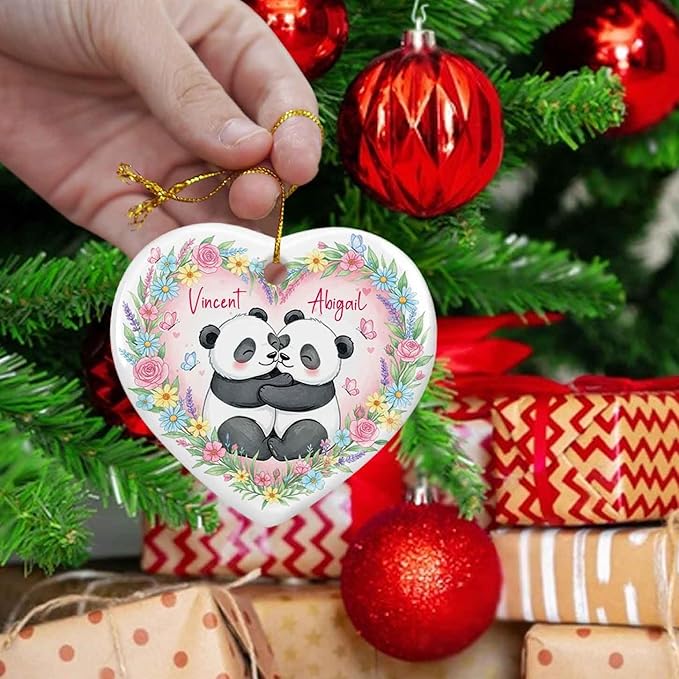 Personalized Panda Couple Ceramic Ornament Xmas, Red Panda Engaged Ornament for Christmas Tree, Engagement Anniversary Keepsake Gift, Custom Names Cute Pandas Bear 1St Xmas Together Ornaments