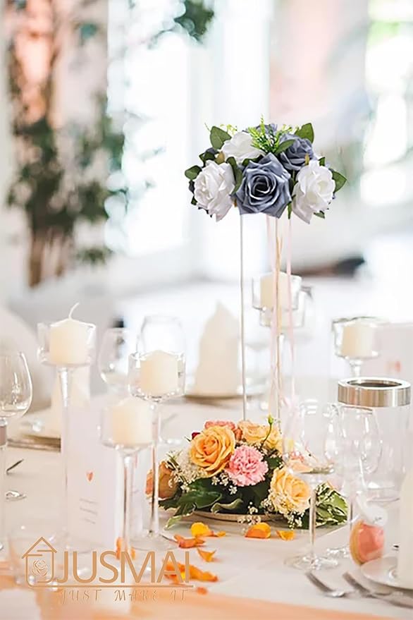 Artificial Flowers Ball 4 Pcs Dusty Blue White Flowers Wedding Table Centerpiece Table Decorations Flower Arrangement for Table Flowers centerpieces Wedding Flowers Wedding centerpieces