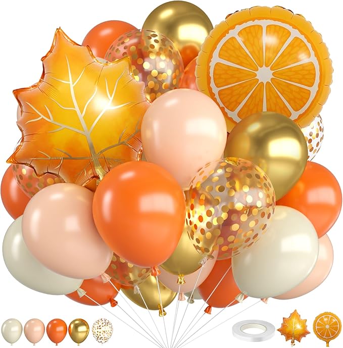 Fall Balloons,12 Inch Pastel Orange White and Gold Confetti Balloons with Leaf Citrus Foil Balloon for Fall Baby Shower Autumn Birthday Wedding Halloween Thanksgiving Party Decorations