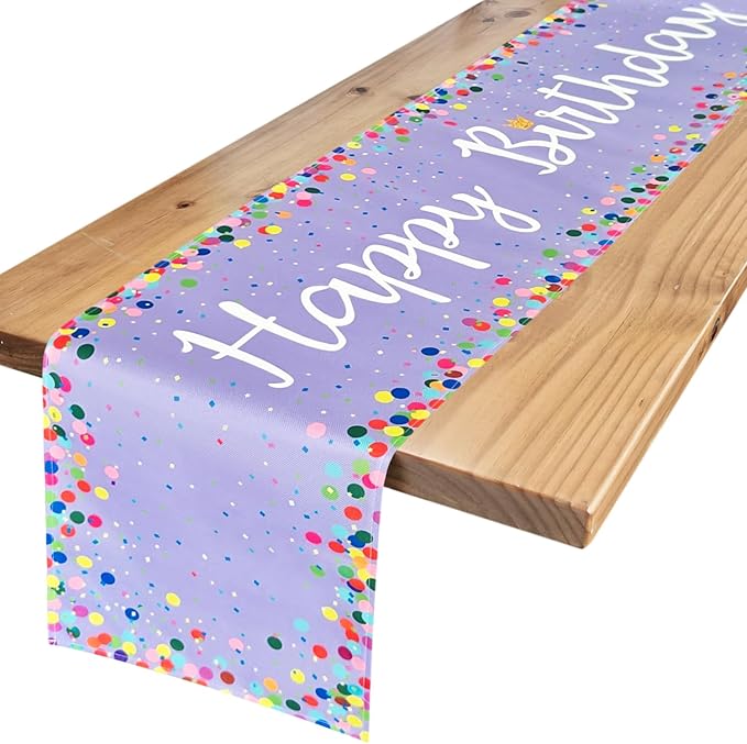 Letjolt Happy Birthday Table Runner 72 Inches Birthday Centerpieces for Tables Birth Day Party Sign Polka Dots Table Decoration, Light Purple