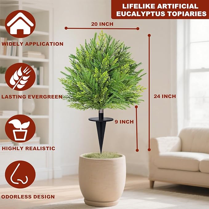 Mixed Branches - 2 Pack 24" Artificial Christmas Topiary with Spike Lifelike Norfolk Pine Cypress Tips Fake Ball Bush Plants Christmas Pot Fillers Front Porch Door Garden Indoor Outdoor decorations