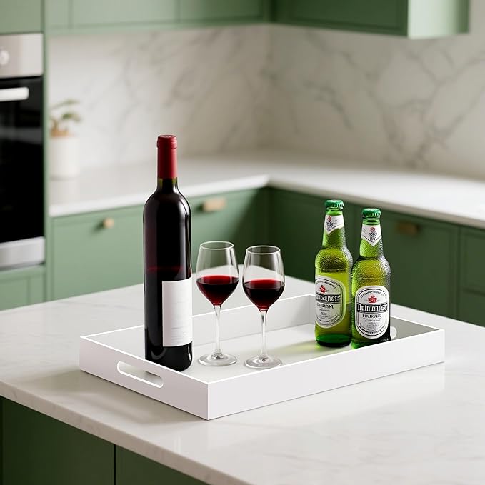 Glossy White Acrylic Serving Tray with Handles-Butler Trays for Coffee Table, Snacks,Breakfast in Bed, Kitchen Countertop,Vanity,Makeup Organizer,Ottoman (White, 12x20 Inches)