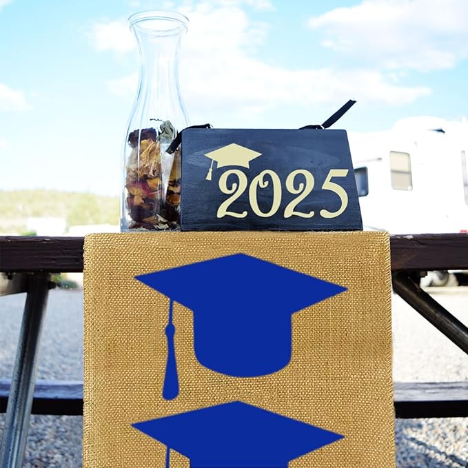 Burlap Graduation Table Runner 72 Inch - Rustic Decorations for Tabletop Centerpiece Decor Idea 2022 Party Supplies Cloth (Navy Blue) 1