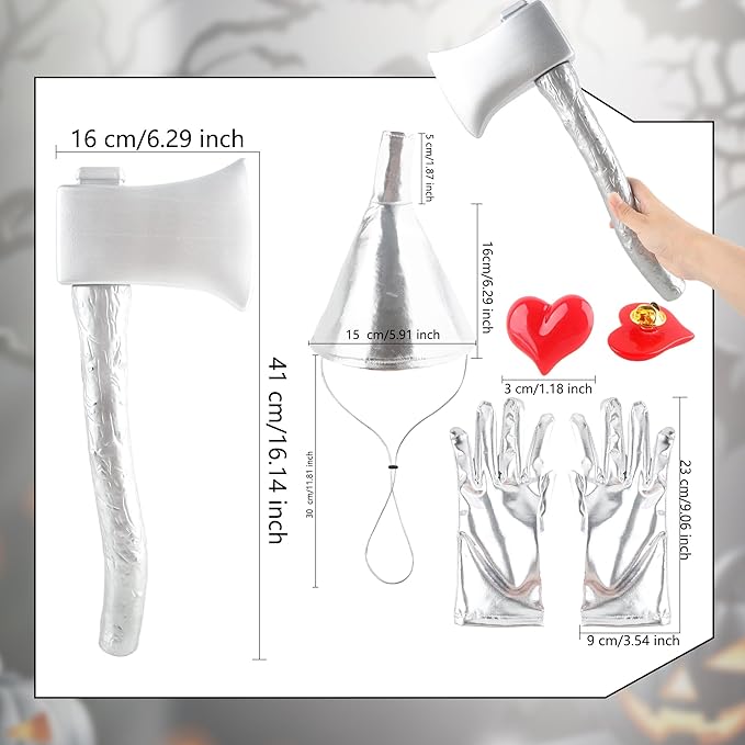 4 Pcs Silver Axe Funnel Hat Set with Heart Brooch Silvery Gloves Metallic Wizard Costume Accessories for Halloween Cosplay Party