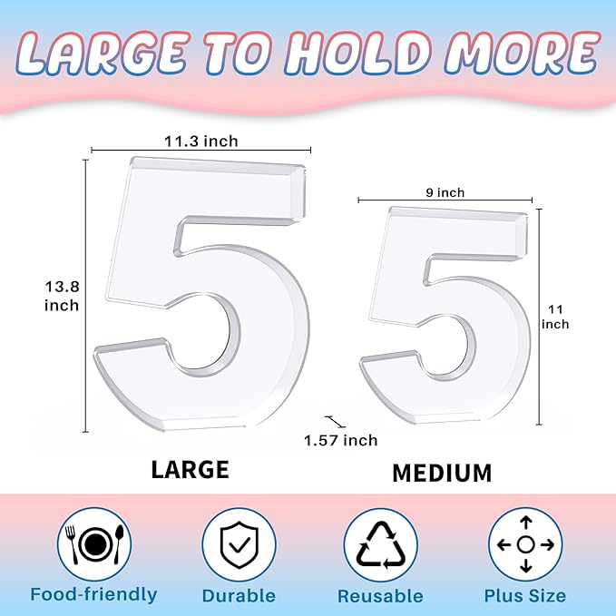 13.8" Extra Large Acrylic Number Charcuterie Board Box, Reusable Fillable Number Cake Candy Dish Display Serving Tray for Birthday Anniversary Party Decoration (5)