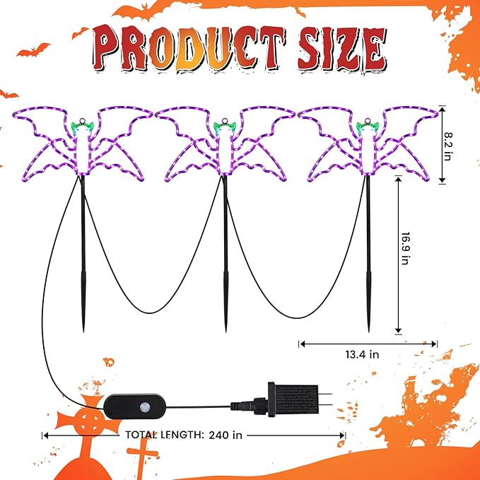 Halloween LED Bat Lights 3 Pack, Hanging or Stakeable Indoor & Outdoor Halloween Decor, 4 Light Modes, Timer Function, Perfect Yard & Party Decorations