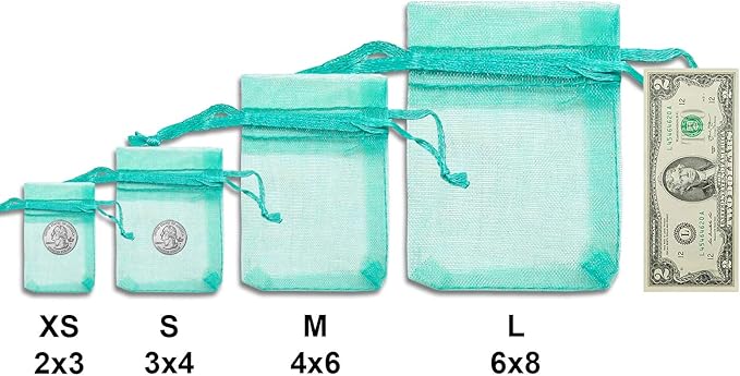 TheDisplayGuys 48-Pack 2" x 2-3/4" Teal Sheer Organza Gift Bags with Drawstring, Jewelry Candy Treat Wedding Party Favors Mesh Pouch