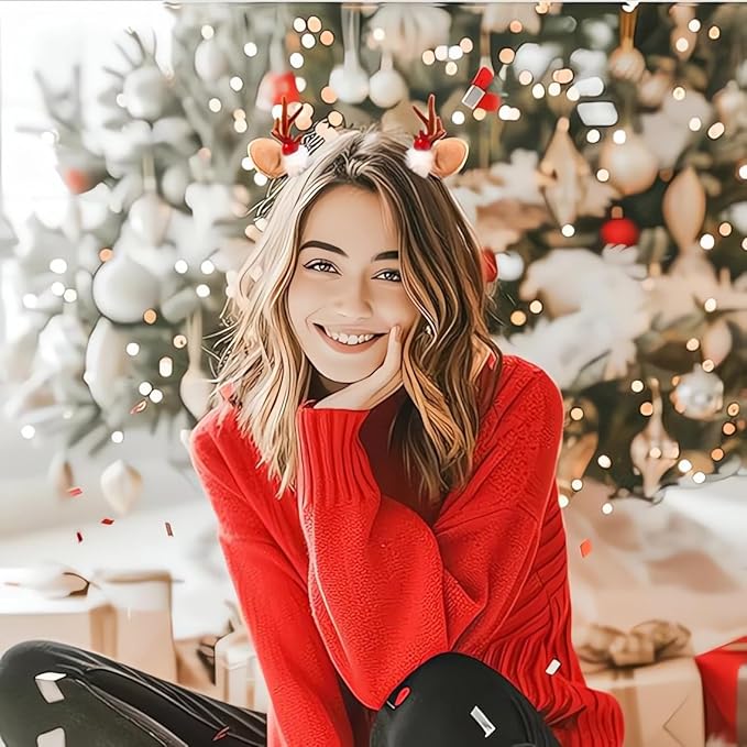 Christmas Reindeer Antlers Headband Brown Red Deer Ears Clips with Elk Fluff Red Antler Design Party Xmas Deer Antlers Decor Holiday Costume Hairpin for Women Girls Deer Ears Decoration