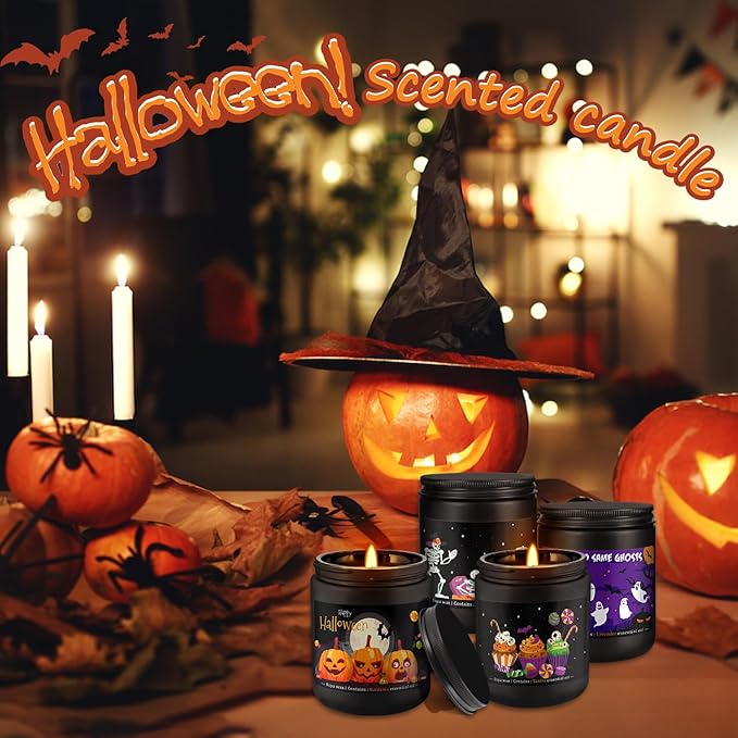 Halloween Scented Candle Set, 4-Pack 7oz Soy Wax Candles with 4 Fragrances, Long-Lasting Burning for Halloween, Christmas, Home Decor, Rituals & Themed Parties.