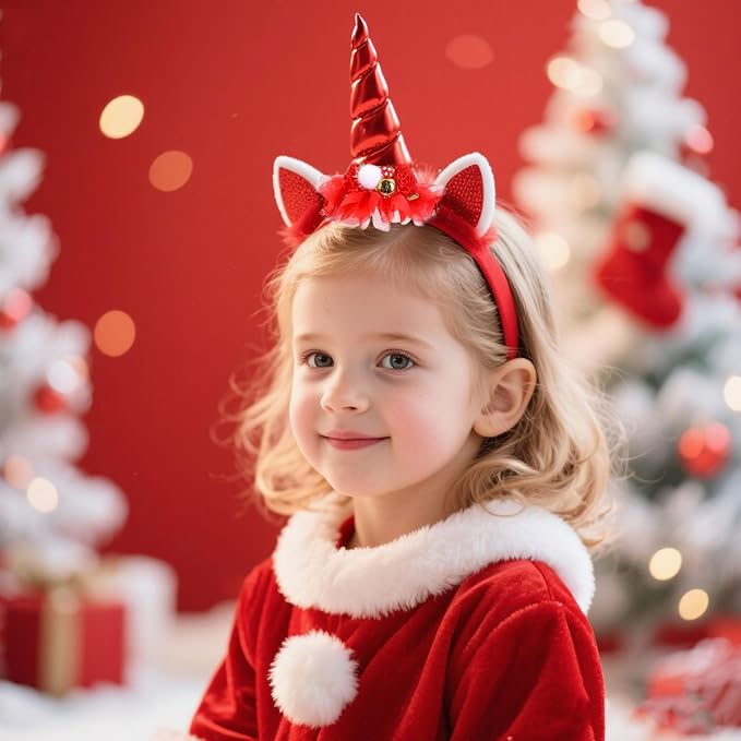 Christmas Unicorn Headband for Women - Festive Red Glitter Unicorn Ear Hairband, Cute Holiday Party Headwear for Xmas, New Year, Costume, Photo Props, Family Accessories