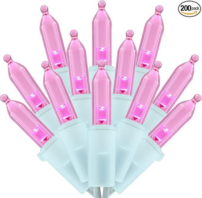 200 Count Pink LED Christmas Lights, 66 ft White Wire UL Certified Commercial Grade Holiday String Light Set (Pink)