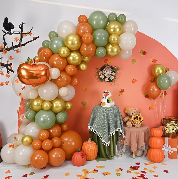 Fall Balloons Garland Arch Kit, Burnt Orange Pumpkin Foil Balloons, Orange Green Sand White Gold Balloon for Little Pumpkin Baby Shower First Birthday Thanksgiving Fall Autumn Harvest Party Decoration