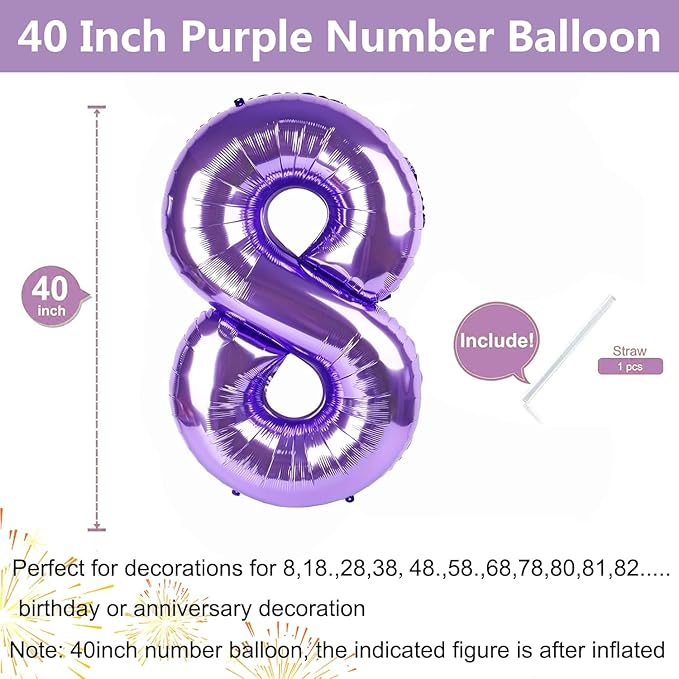 Purple Number Balloons, 40 Inch Purple Balloon 8.8 Helium Balloon 8th Birthday for 8 Years Birthday Decoration Children Girls Boys