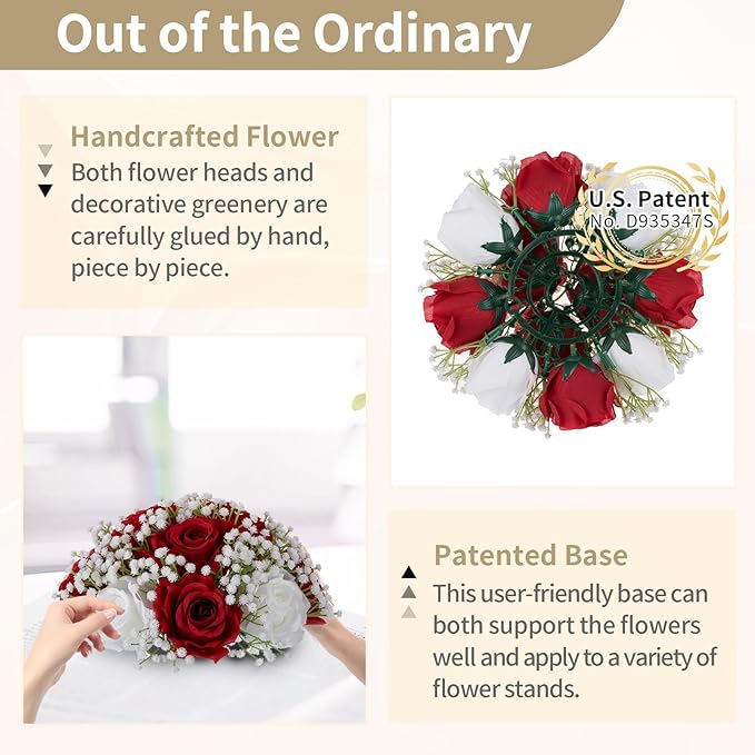NUPTIO Flower Ball Arrangement Bouquet: 2 Pcs 8.6 inch Diameter Crimson Rose Fake Babys Breath Artificial Flowers for Wedding Centerpiece Event Party Tables Decorations
