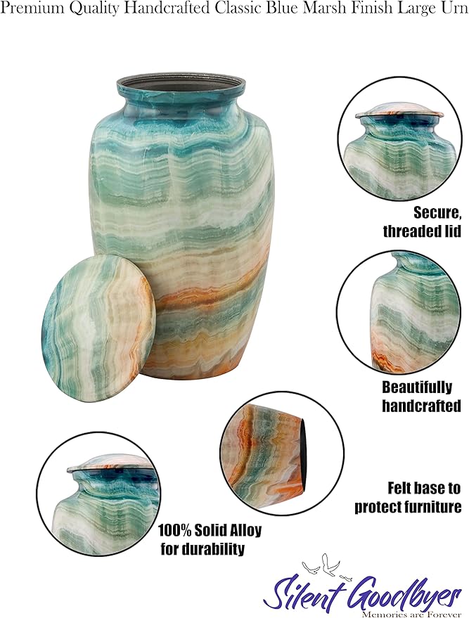Memorial Cremation Urns for Human Ashes | Handcrafted Large Burial Marble Finish Adult Cremation Urn, Funeral Decorative Urns for Female & Male | 200 lbs with Velvet Bag (Blue Marsh)