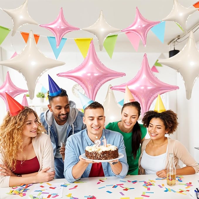 Pink White Star Balloons,12Pcs Four Angle Star Foil Balloons,26Inch and 10Inch Pink Cream White Quadrangle Helium Balloon for Birthday Baby Shower Anniversary Party Decorations