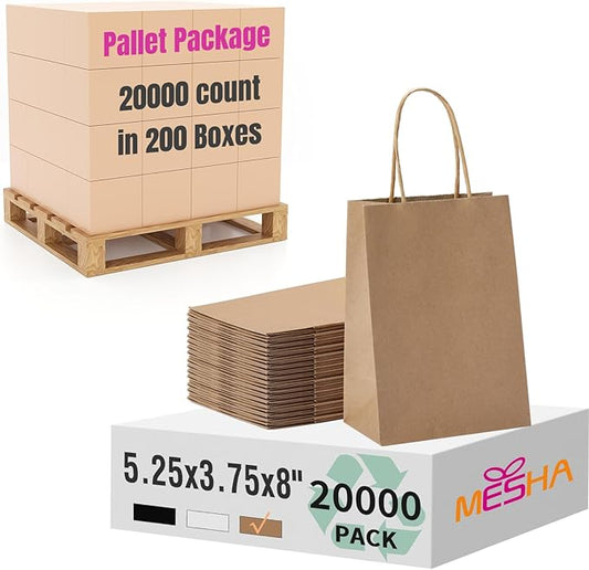 MESHA Gift Paper Bags 20000 PACK 5.25x3.75x8'' Brown Small Shopping Kraft Bags Bulk with Handles Reusable for Business,Grocery,Birthday,Wedding,Kids Party,Favors