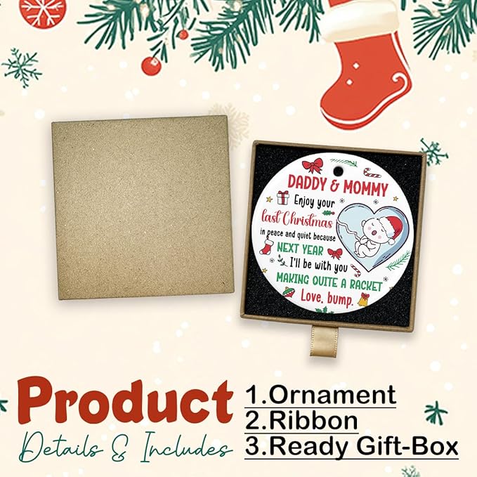 Funny Christmas Baby Pregnancy Announcement Ornament New Parents Gifts for Couple Him Her New Mom Dad to Be Babys First Christmas Heart Ceramic Xmas Tree Ornament Decorations Boy Girl