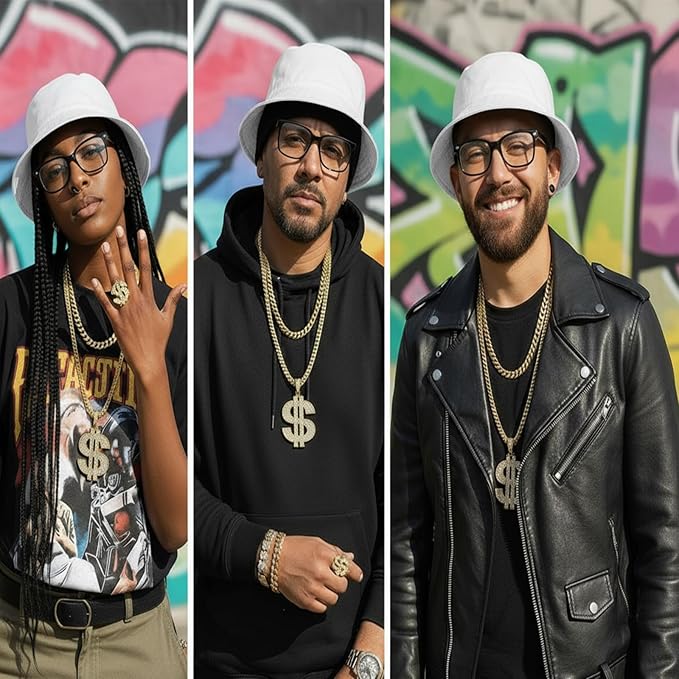 Gejoy Hip Hop Costume Kit 80s 90s Rapper Accessories Outfit for Men Women Sunglass Hat Chain Ring Halloween Party Decoration