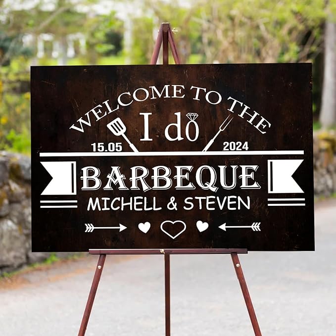 Personalized I Do BBQ Welcome Sign - Couples Shower Decoration, Faux Wood Design