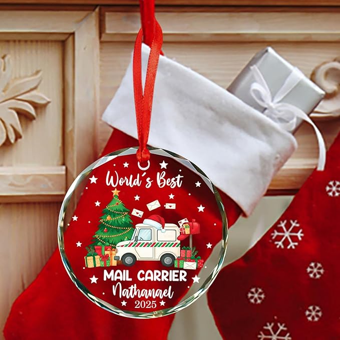 Personalized World's Best Mail Carrier Christmas Glass Ornament 2025, Mail Truck Christmas Tree Decoration Ornaments, Custom Name & Year Ornament Xmas Gifts for Postal Worker, Mailman Keepsake