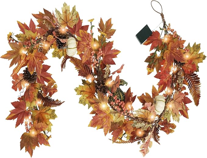 Artgar Fall Garland - 6 Ft Maple Leaf Pumpkin Berry Garland - Fall Decor Garlands with 30 Warming Lights for Thanksgiving Halloween Mantel Table Indoor Outdoor Decor