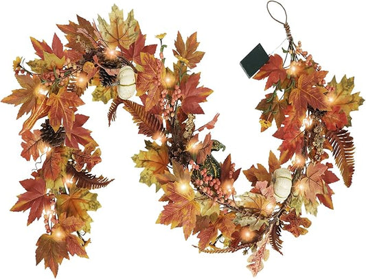 Artgar Fall Garland - 6 Ft Maple Leaf Pumpkin Berry Garland - Fall Decor Garlands with 30 Warming Lights for Thanksgiving Halloween Mantel Table Indoor Outdoor Decor
