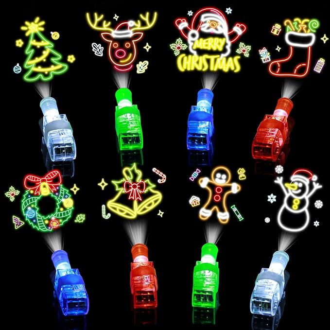 24 Pack Christmas Finger Lights Party Favors for Kids, Christmas Stocking Stuffers, Glow in The Dark Light up Toys Bulk Classroom Prizes Non Candy Gift