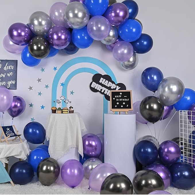 Togvu Outer Space Balloons, 12 Inches Galaxy Blue Purple Balloons with Metallic Black Silver Balloons, Outer Space Party Decorations for Kids Boys Astronaut Space Birthday Party Decoration