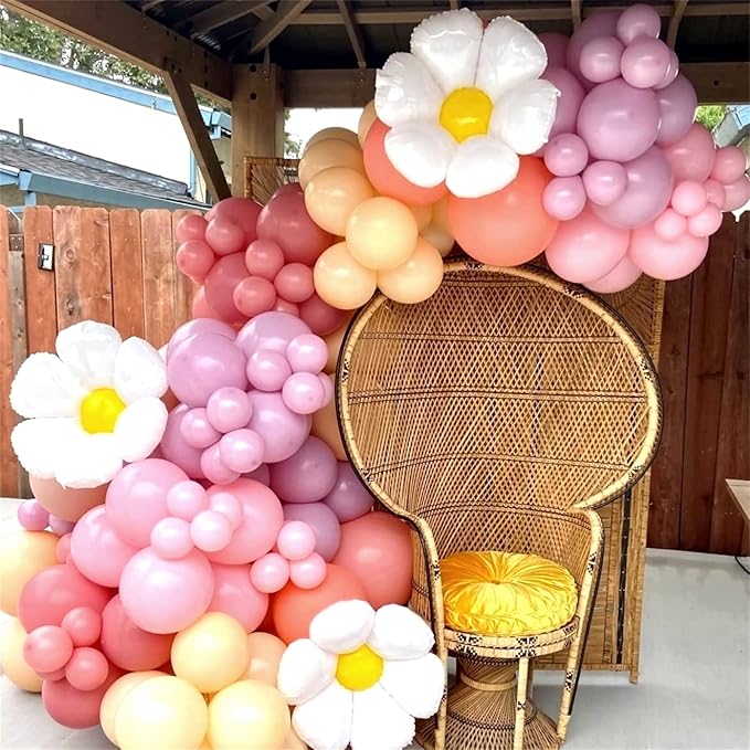 149Pcs Daisy Balloon Garland Arch Kit, Pastel Pink Purple Orange Matte Dusty Pink Boho Groovy Daisy Flower Latex Balloon Garland for Girls Women Bridal Baby Shower Wedding Birthday Party Decorations