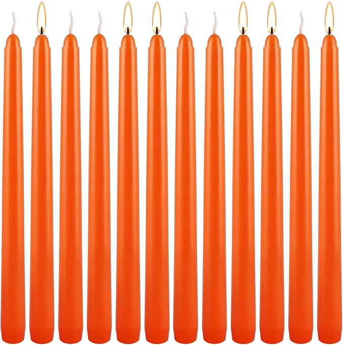12-Pack Orange Taper Candles - 10 Inch Unscented Dripless Candlesticks, Long Burning for Halloween, Thanksgiving, Fall Decor & Dinner Parties