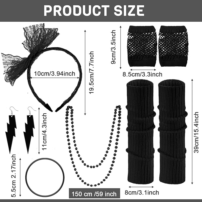 Handepo 19 Pcs 80s Costume Accessories Holographic Fanny Pack Leg Warmers Lace Headband Earrings Gloves Necklace Bracelet