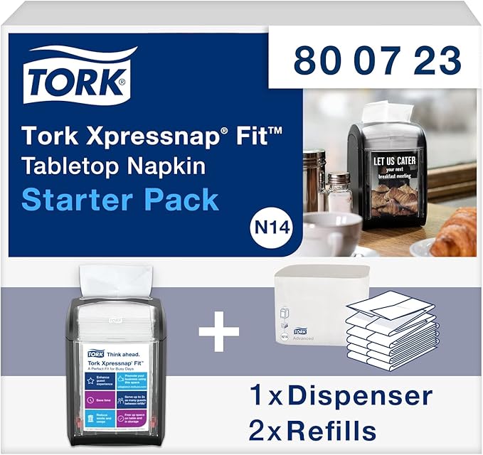 Tork Xpressnap Fit Counter Top Napkin Dispenser Starter Pack – 800743 – N14 Dispenser for Restaurants Include 2 x 120, 2-Ply, Natural Napkin Refill Packs