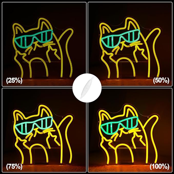 Cat Sunglasses Neon Sign - Cartoon Cat LED Wall Light/USB Powered, Hanging Kit Included/Edgy Decor for Teen Bedrooms, Urban Cafes & Fashion Stores
