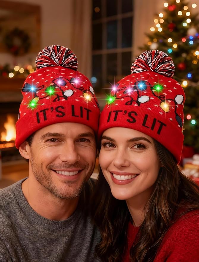 RAISEVERN Unisex Ugly LED Christmas Hat Novelty Colorful Light-up Stylish Knitted Sweater Xmas Party Beanie Cap(6 Lights)