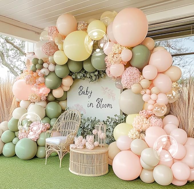Pastel Green Pink Balloon Arch Kit Double Stuffed Dusty Sage Green Pink Yellow White Sand Balloon Garland Beige Cream Balloons for Baby Bridal Shower Birthday Wedding Fairy Flower Tea Party Decor