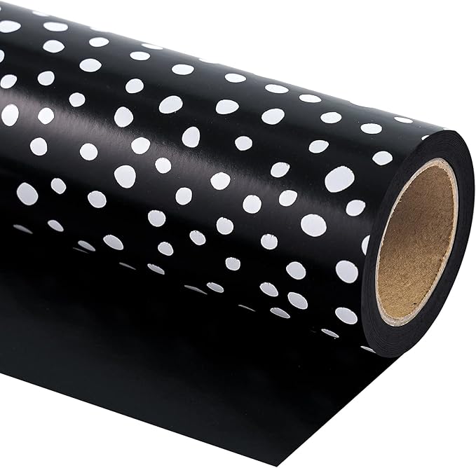 WRAPAHOLIC Reversible Wrapping Paper - Mini Roll - 17 Inch X 33 Feet - Black and Delicate Polka Dots Design for Birthday, Holiday, Wedding, Baby Shower