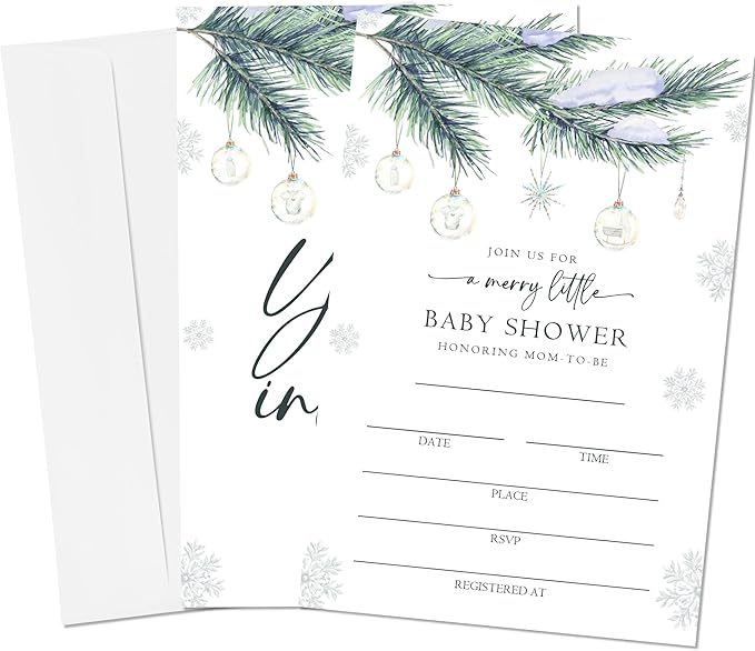 4'' x 6'' A Merry Little Baby Shower Invitations - Set of 25 Snowflake Invited Cards with Envelopes - Baby Announcement Invites for Boys & Girls, Winter Gender Reveal Party Supplies & Decor - A01