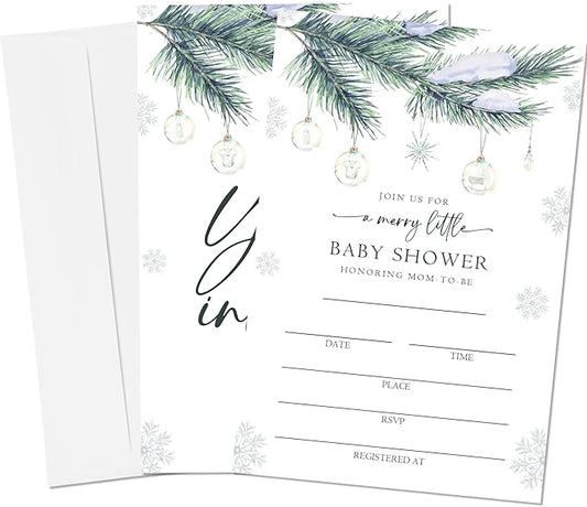 4'' x 6'' A Merry Little Baby Shower Invitations - Set of 25 Snowflake Invited Cards with Envelopes - Baby Announcement Invites for Boys & Girls, Winter Gender Reveal Party Supplies & Decor - A01