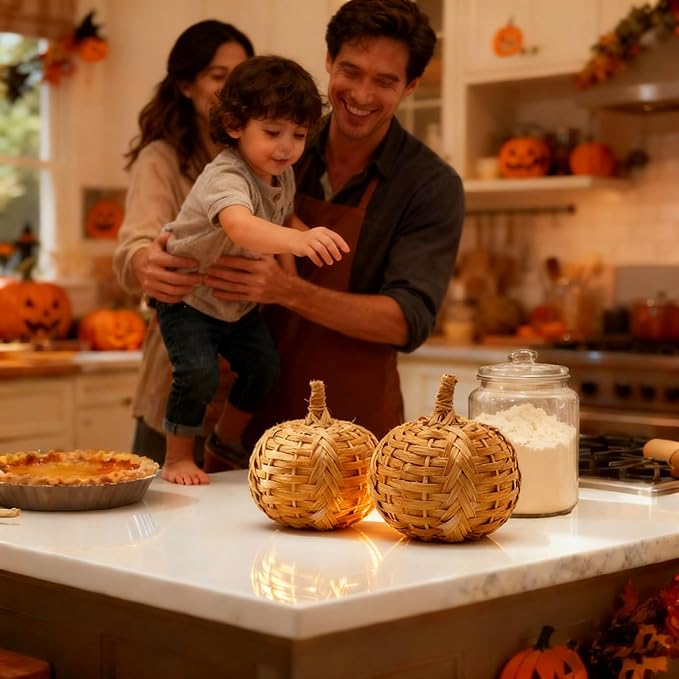 2Pcs of 5 Inch Bamboo-Woven Autumn Harvest Big Pumpkin Decor is Suitable for Thanksgiving & Halloween Fall Decorations. These Pumpkins are Perfect as Decorative Pumpkins for Table Decor