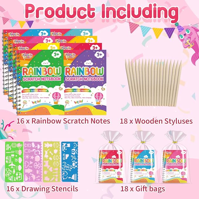 Kids Scratch Art Party Favors Gifts: 16 Pack Rainbow Scratch Notebook Paper Birthday Party Favor Toy Girls Boys Art Craft Kit Summer Classroom Goodie Bags Return Gifts for Birthday Party Favors Bulk