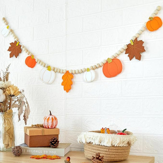 Fall Decorations for Home Felt Pumpkin Garland and Wood Bead Felt Pumpkins Hanging Garland Maple Leaf Banner for Thanksgving Decorations Indoor Fall Harvest Festival Halloween Wall Decor (8.2ft)