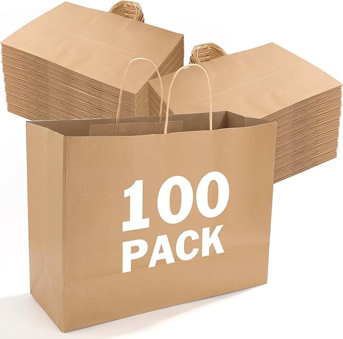 XPCARE 100Pack Large Paper Bags with Handles, 16x6x12 Inch Brown Paper Bag Kraft Shopping Bags for Business Merchandise Wedding Party Favor