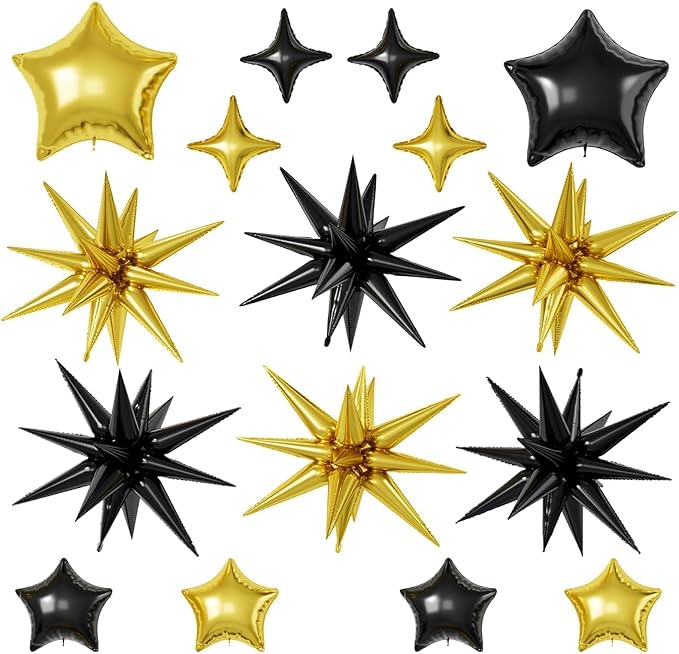 16 Pcs Black Gold Star Balloons, 22/18/10 Inch Foil Balloons, Four-Pointed Balloon for Kids Birthday Anniversary New Year Wedding Baby Shower Party Decorations